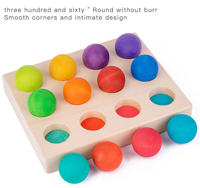 Wooden Rainbow Balls and Color Sorting Tray