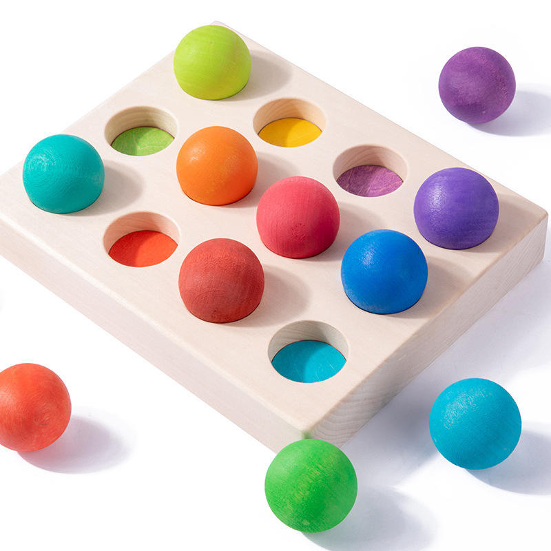 Wooden Rainbow Balls and Color Sorting Tray